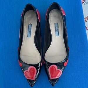 Prada Black Patent Leather Pointed Flats with Red Heart Appliqués